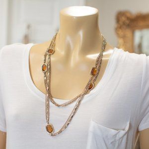 Vintage Gold Metal Long Chain Necklace Amber Stones Great Gatsby Bohemian
